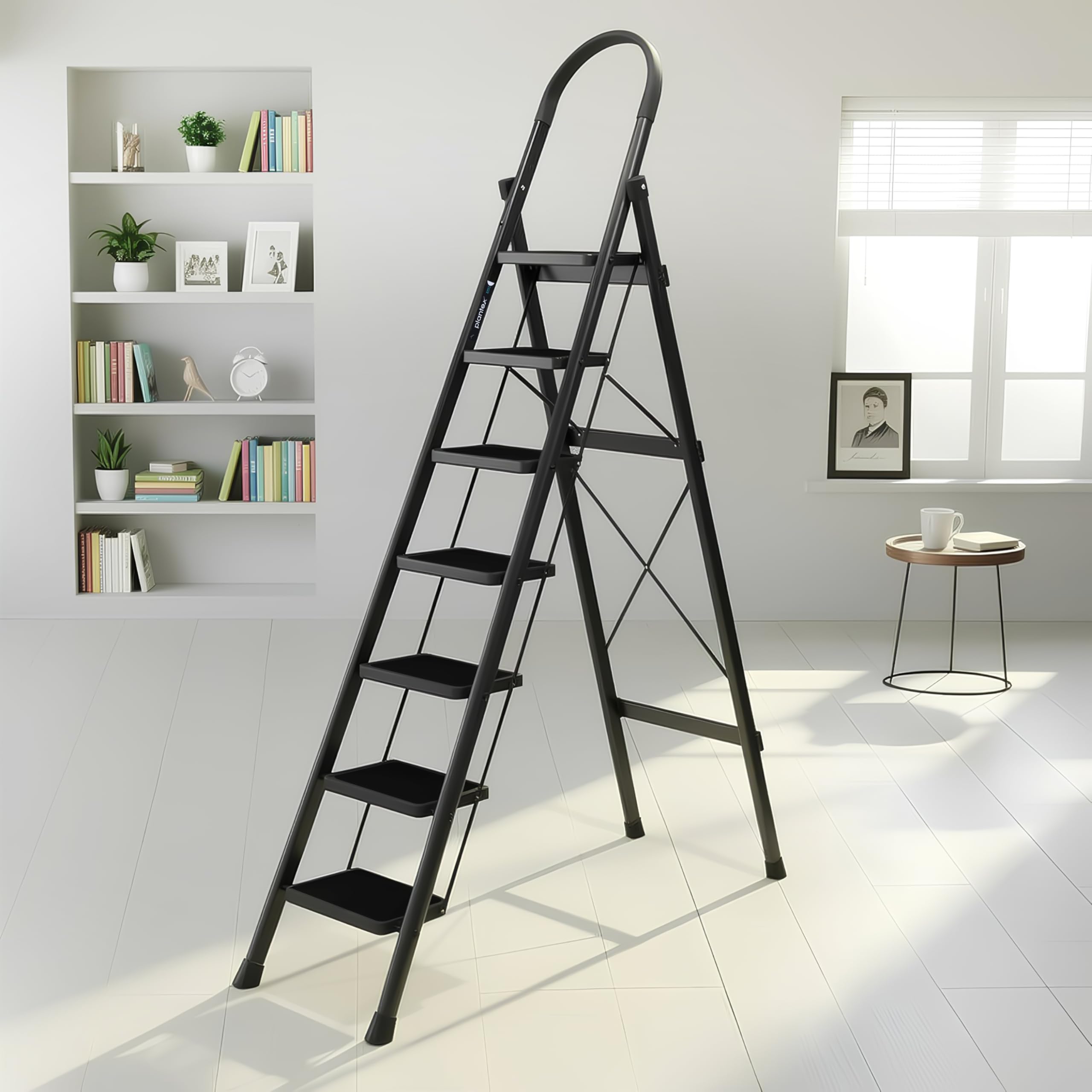 Plantex Ladder for Home 5 Steps/Foldable Ladder with Anti-Skid Wide Steps (30L x 20W cm)/Strong D-Shape Pipe with X-Support for More Stability/5 Year Warranty(Apex-White)