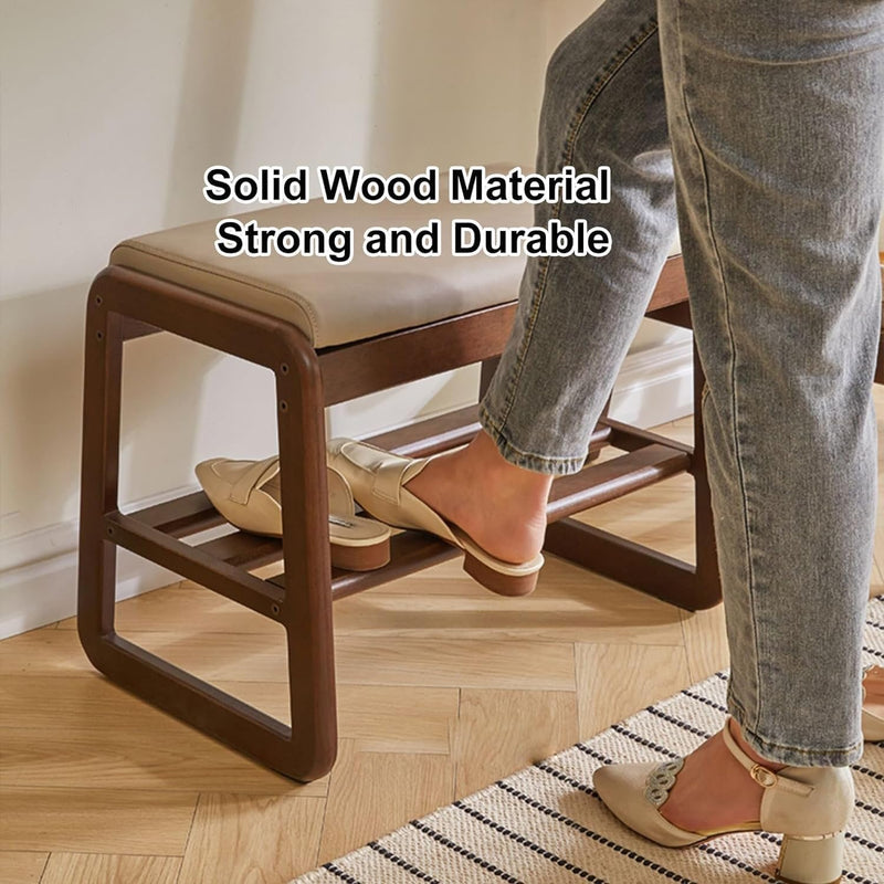 Mid-Century Elegant Wooden Shoe Bench with Padded Seat – 2-Tier Shoe Rack for Entryway, Living Room, or Bedroom