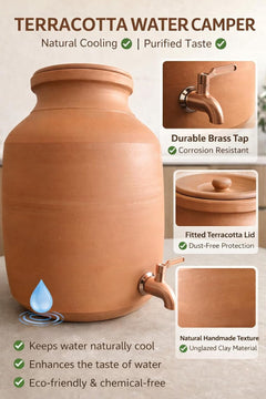 Classic Natural Clay Water Camper with Metal Tap | Handcrafted Terracotta Water Dispenser Pot | Keeps Water Naturally Cool | Eco-Friendly Earthen Matka for Home, Kitchen & Office (12 Liter)
