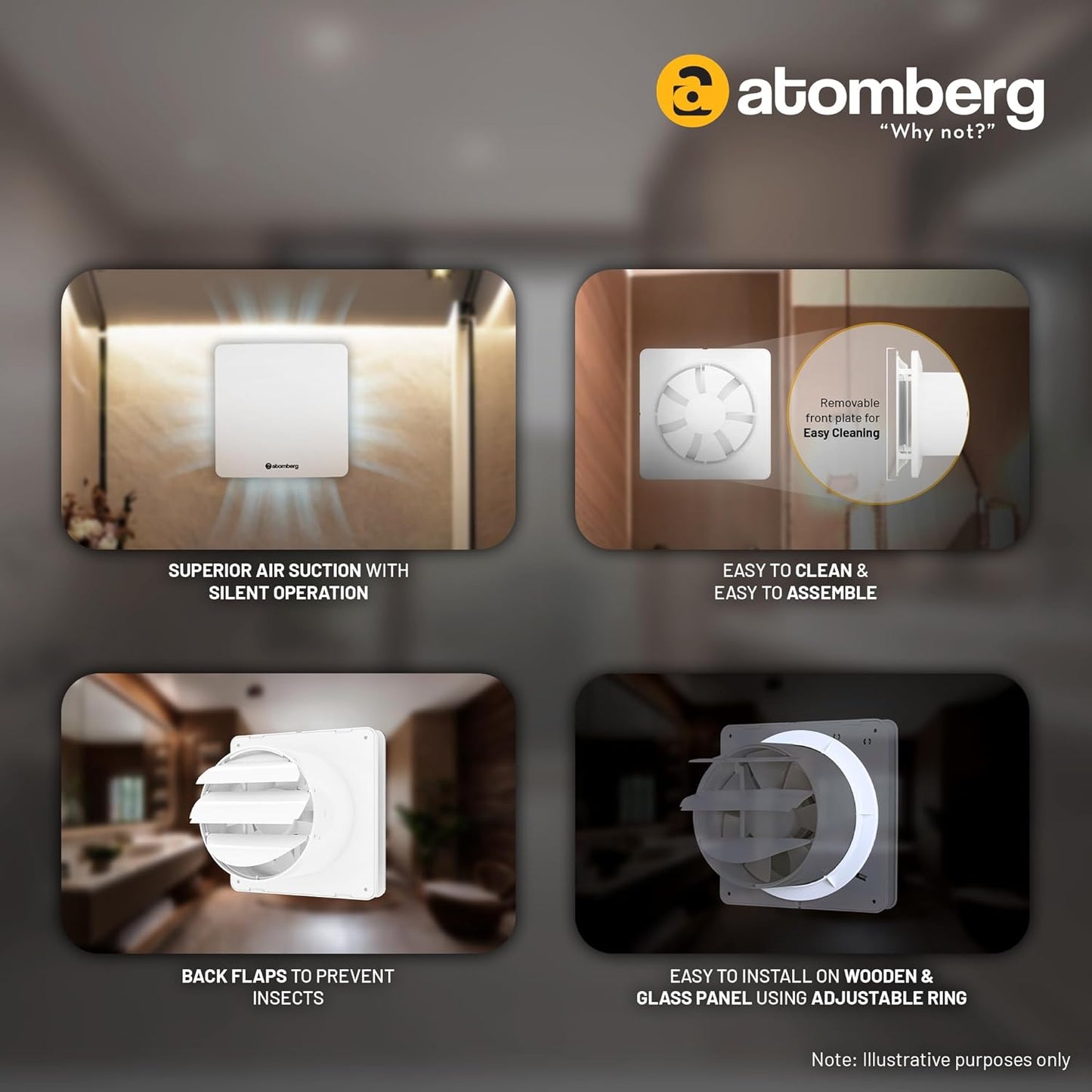 atomberg Studio Exhaust Fan 150mm (6 Inches) | BLDC Motor | 6.8W| Low Noise | 2000 RPM| Ideal for Bathroom,Kitchen | Easy to Clean | Installation-Round Cut (153mm) | 2 Years Warranty | (Gloss White)