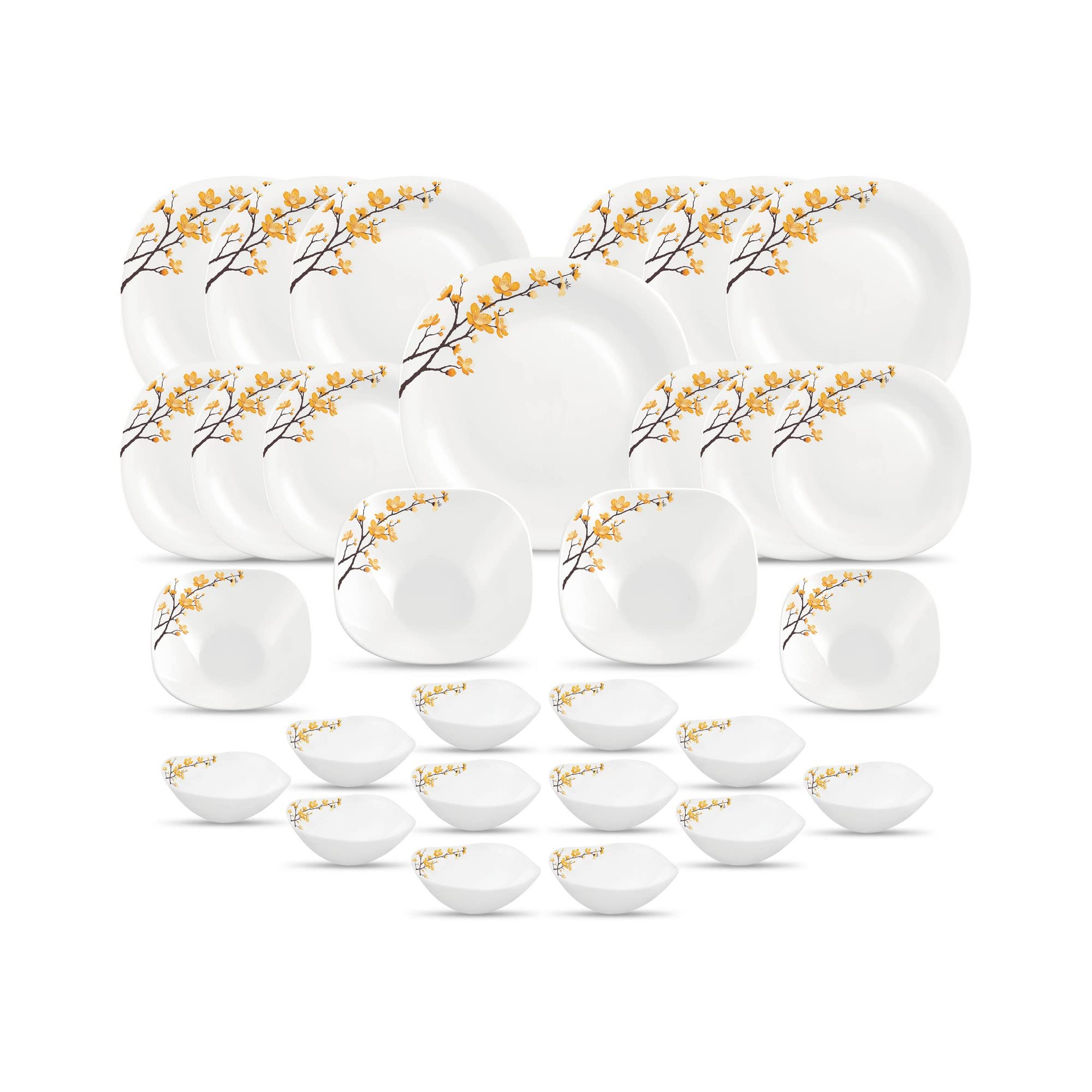La Opala Diva, Quadra Collection, Opal Glass Dinner Set 29 pcs, Golden Shades, White
