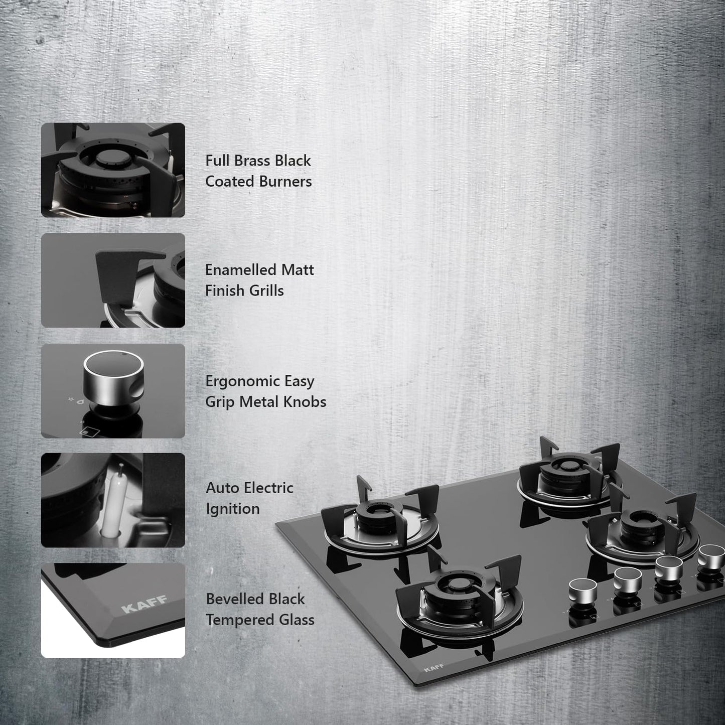 KAFF FBB 604 Built-in Hob/Hobtop 4 Burners, Auto Electric Ignition Glass Top, 60 CM, Full Brass Burner, 8 MM Thick Toughened Glass Bevelled Black Tempered Glass (Black)