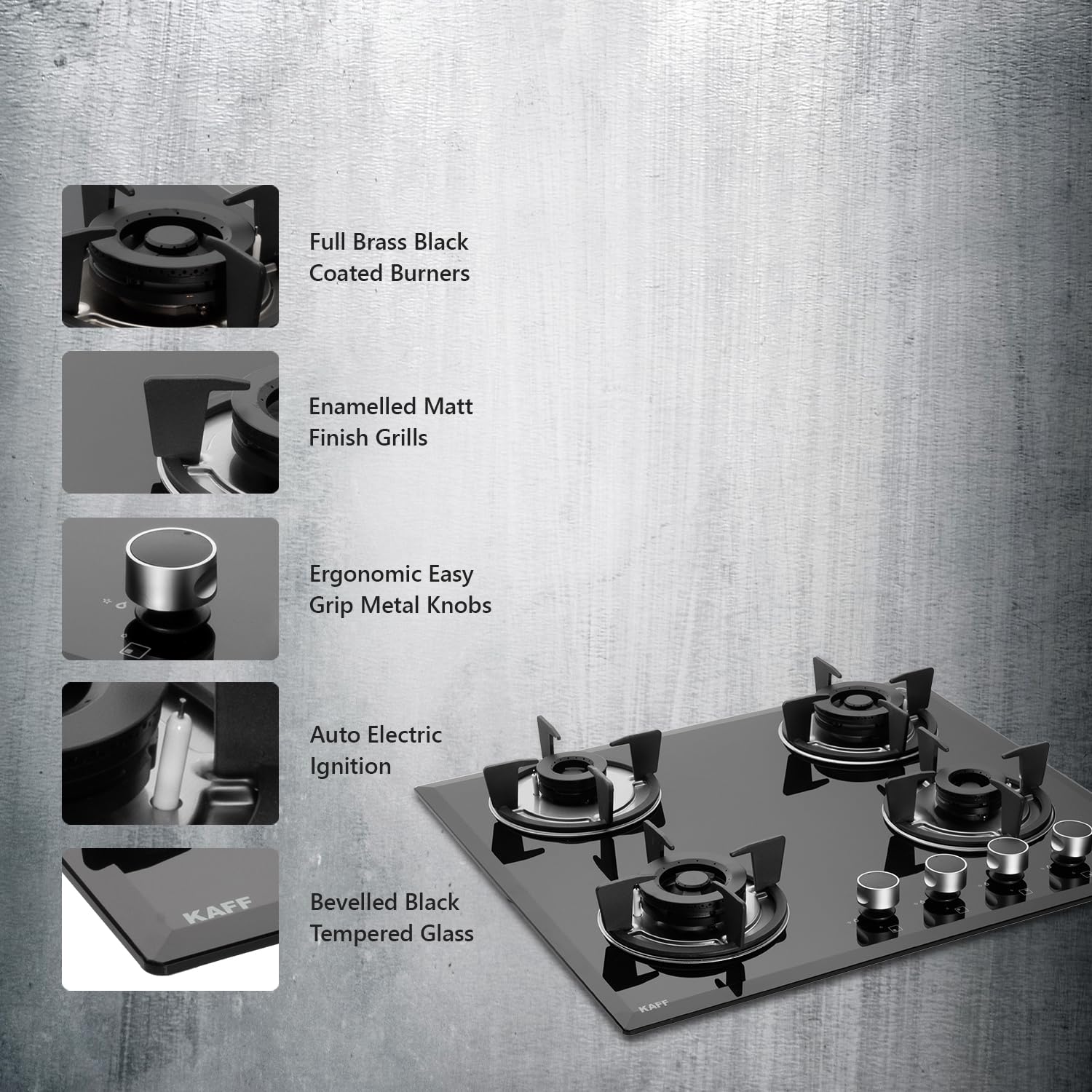 KAFF FBB 604 Built-in Hob/Hobtop 4 Burners, Auto Electric Ignition Glass Top, 60 CM, Full Brass Burner, 8 MM Thick Toughened Glass Bevelled Black Tempered Glass (Black)