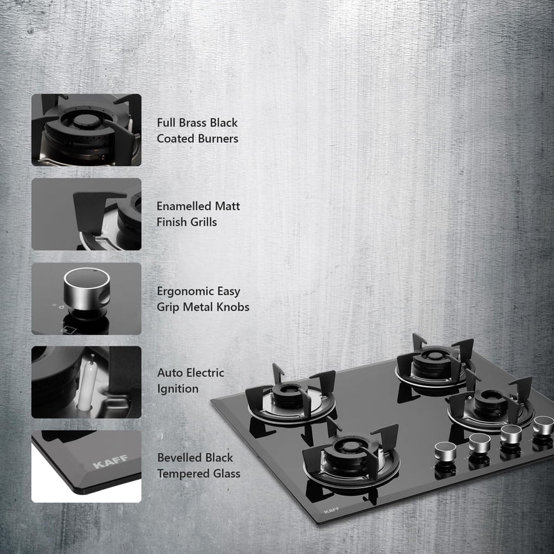 KAFF FBB 604 Built-in Hob/Hobtop 4 Burners, Auto Electric Ignition Glass Top, 60 CM, Full Brass Burner, 8 MM Thick Toughened Glass Bevelled Black Tempered Glass (Black)