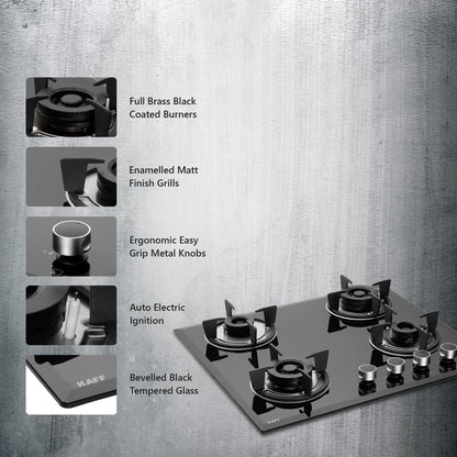 KAFF 4 Burners Built-in Hob & Hobtop For Modular Kitchen -8 MM |Auto Electric Ignition Glass Top| Powerful Brass Burners| Enamelled Matt Finish, Easy Metal Grip Knobs, (Black,60CM)