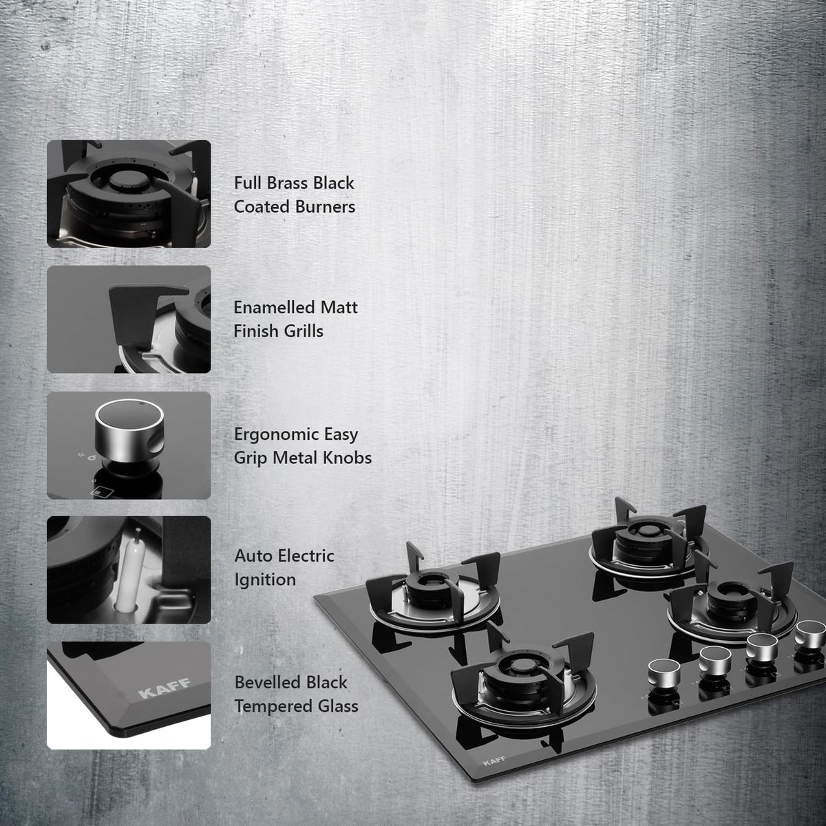 Kaff 4 Burners Built-in Hob & Hobtop For Modular Kitchen -8 MM |Auto Electric Ignition Glass Top| Powerful Brass Burners