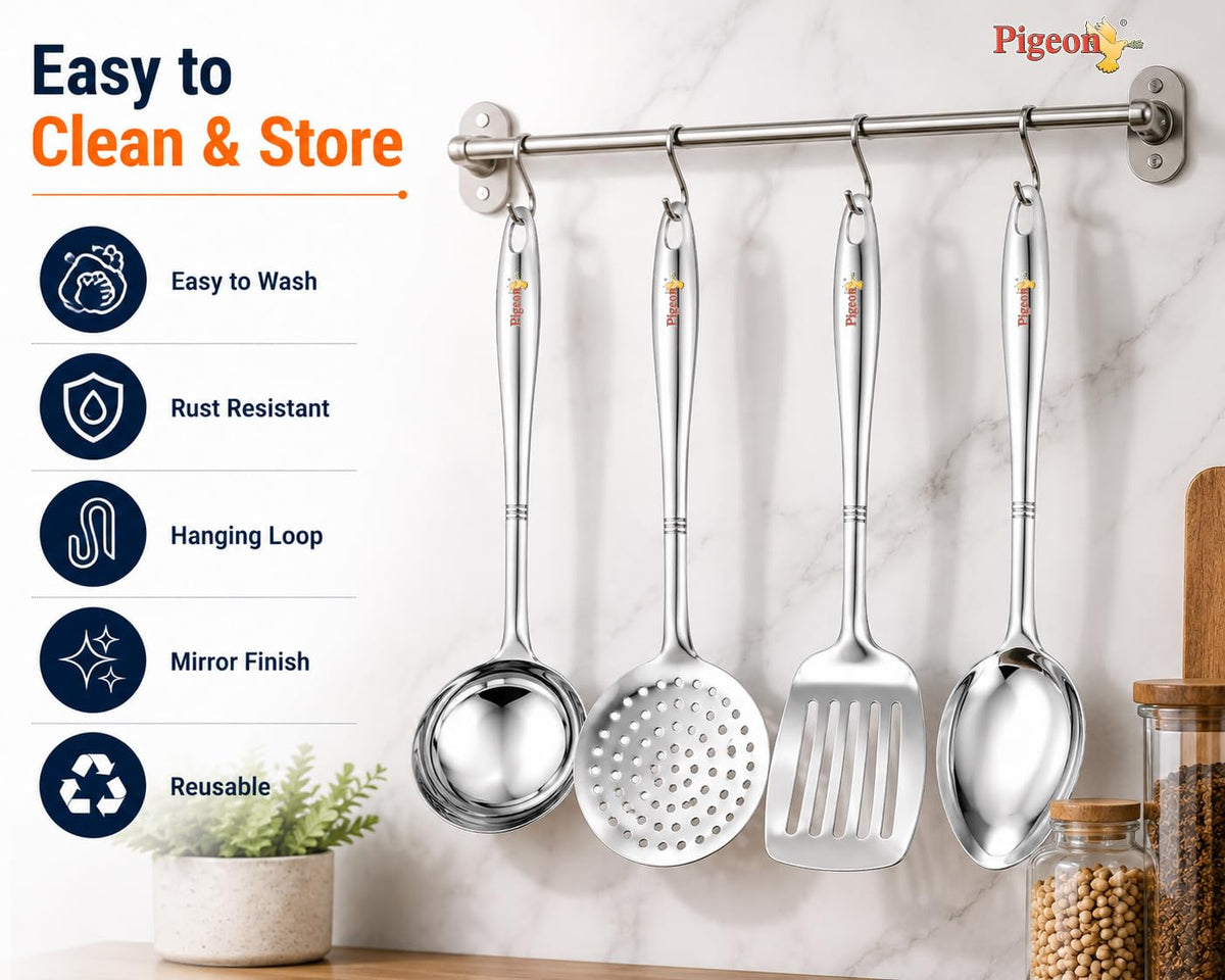 Pigeon-4Pcs Stainless Steel Kitchen Tools Set for Kitchen Cooking and Serving Set of 4|Oval Spoon(Karchhi)|Skimmer(Jhara