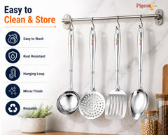 Pigeon-4Pcs Stainless Steel Kitchen Tools Set for Kitchen Cooking and Serving Set of 4|Oval Spoon(Karchhi)|Skimmer(Jhara