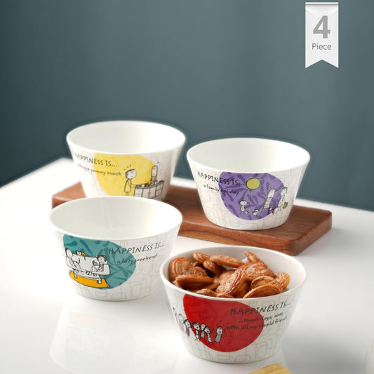 Clay Craft Fine Ceramic Happiness is Nikko Delight Snack/Cereal Bowl, Set of 4 Piece (Multicolor) 470ml, Pasta, Fruits, and More
