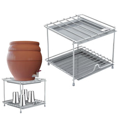 Plantex Matka Stand/Stainless Steel 2-Tier Matka Stand for Kitchen/Square Water Pot with Tray - 8 X 7.5 inch (Chrome), Free Standing, Tiered Shelf-1