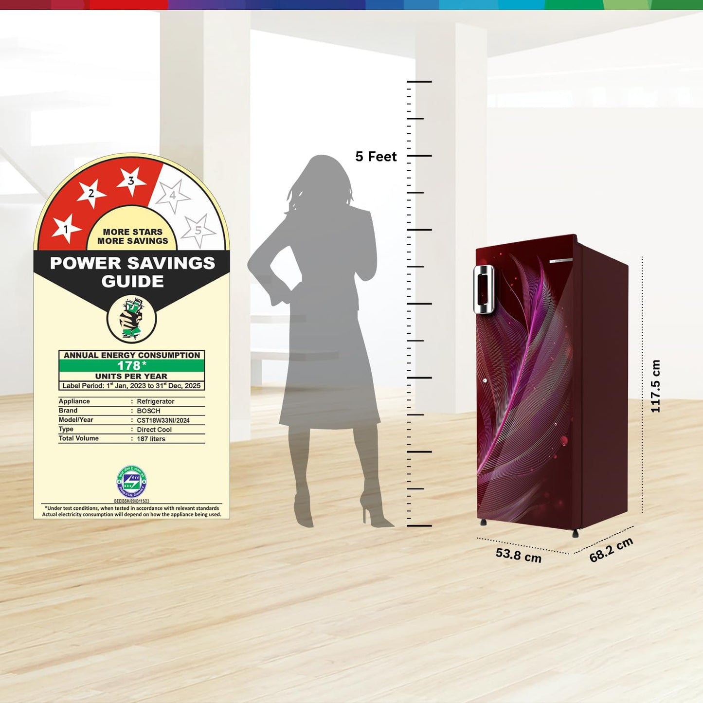 BOSCH 187 L, 3 Star, Single Door Refrigerator with Industry's largest vegetable box* & largest Beverage space (CST18W33NI, Feather Wine) | 18 Hour Cooling Retention, 2.5x Faster Cooling