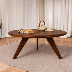 Round Sheesham Wood Coffee Table for Living Room | Solid Wood Center Table with Modern Tapered Legs | Natural W
