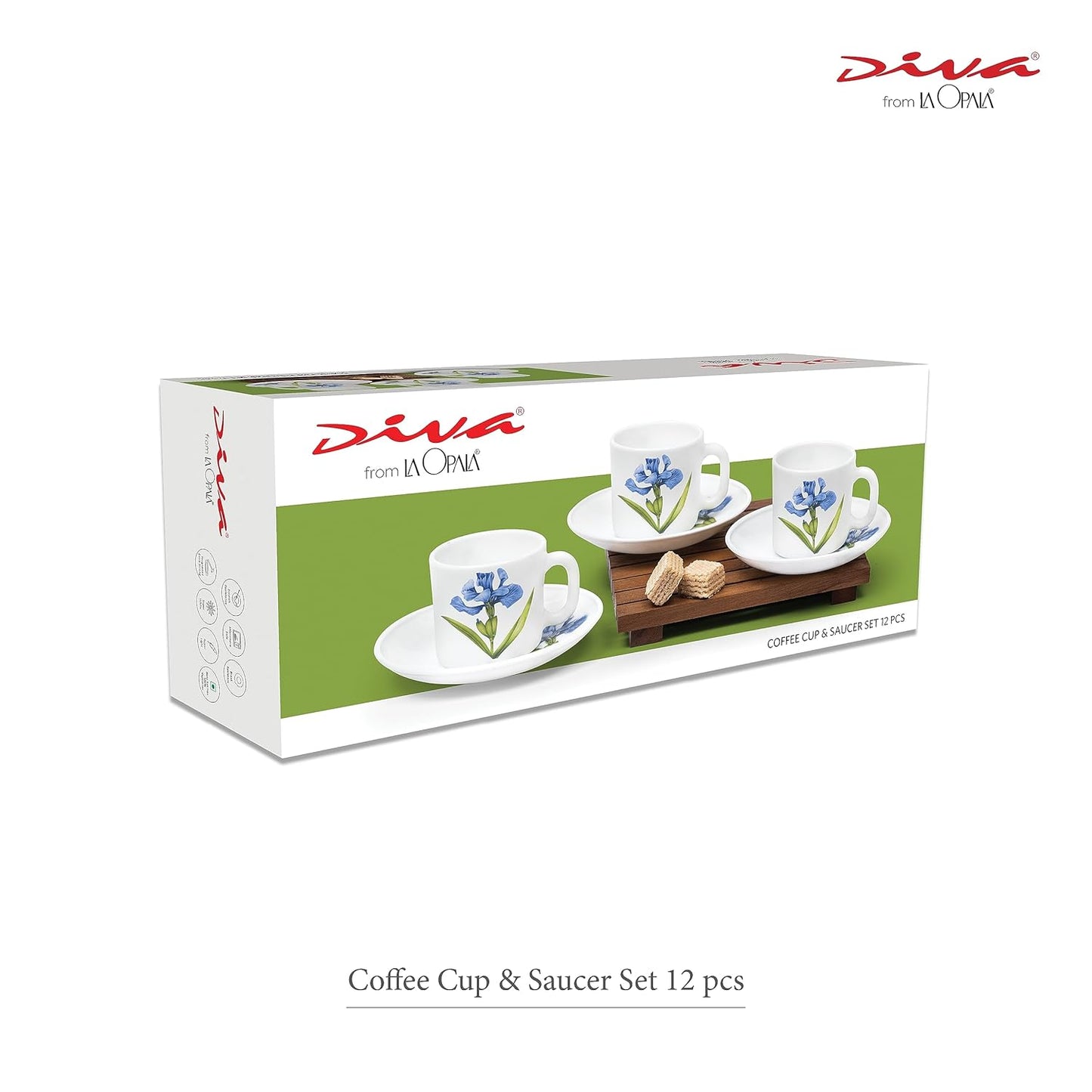 La Opala Diva, Opal Glass Crockery | Coffee Cup & Saucer Cylinder, Set of 12 | Aster Blue, 120 ml | for Tea & Coffee | Microwave Safe | 100% Vegetarian | Extra Strong | Super Light | Super White