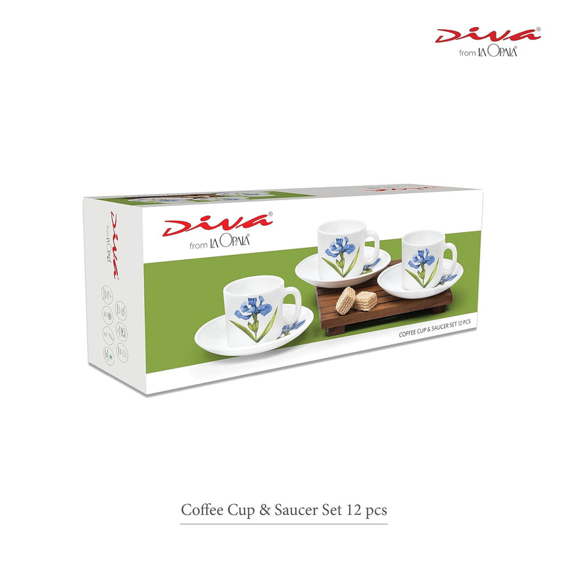 La Opala Diva, Opal Glass Crockery | Coffee Cup & Saucer Cylinder, Set of 12 | Grace Red, 120 ml | for Tea & Coffee | Microwave Safe | 100% Vegetarian | Extra Strong | Super Light | Super White