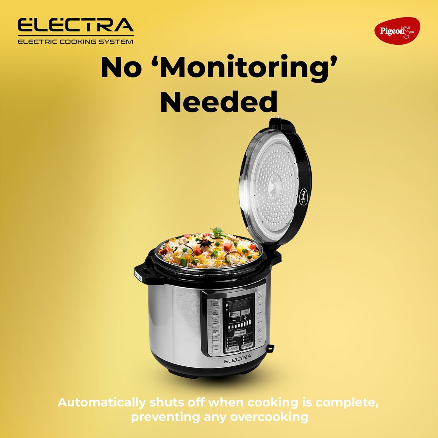 Pigeon By Stovekraft Electra Smart 6 Litre Electric Pressure Cooker with Digital Display | 18 Indian Preset Menu | Automatic Rice Cooker | Delay Timer & More (Stainless Steel)