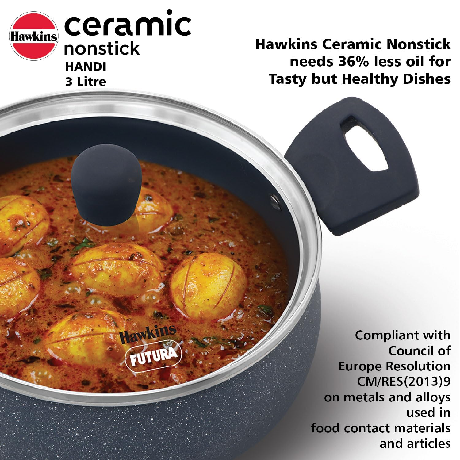 Hawkins Ceramic Nonstick Handi with Glass Lid, 3 Litre, Induction Biryani Pot, Granite Casserole (ICH30G)
