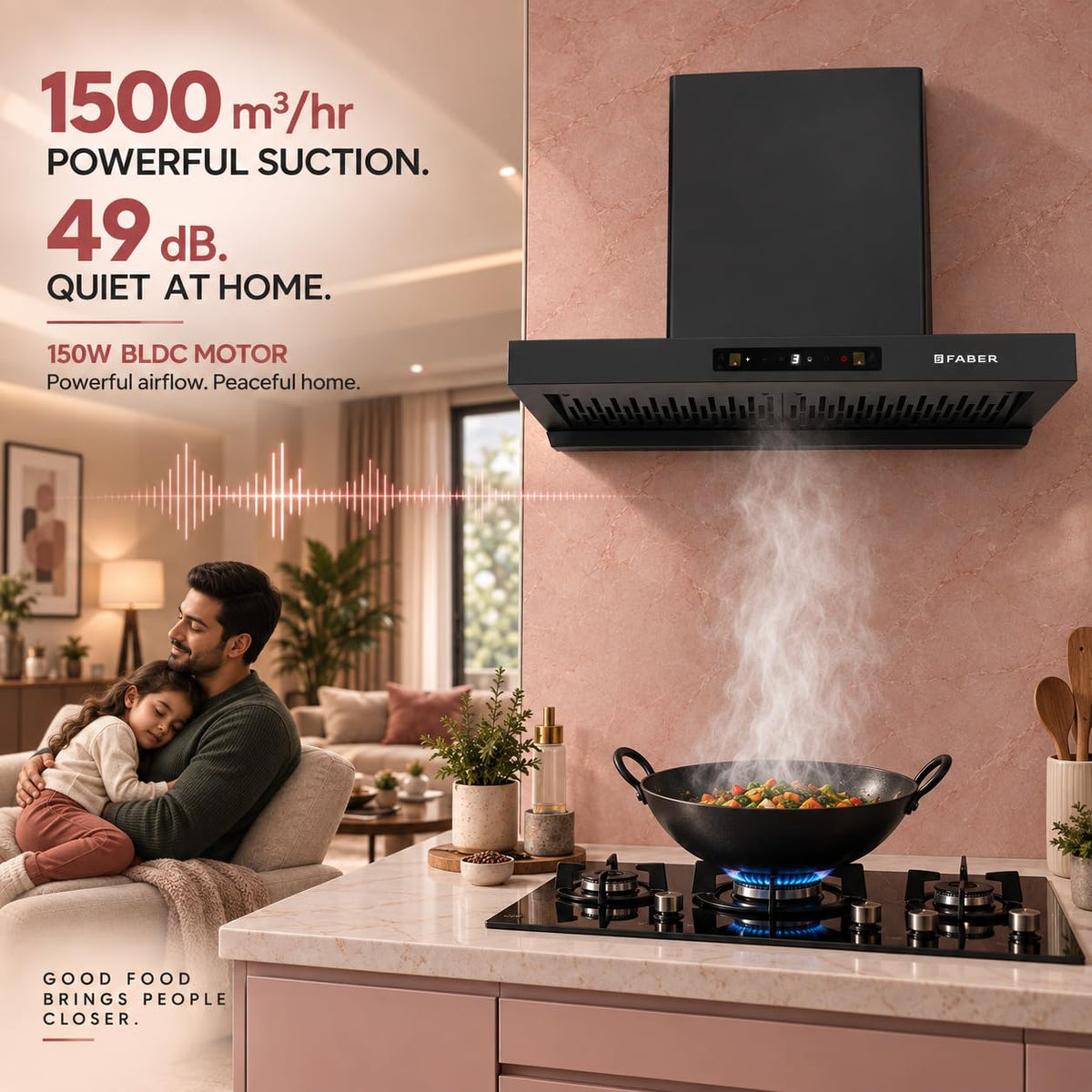 Faber Coral 90cm 1500m³/hr BLDC Autoclean T-Shape Chimney | Built In Oil Collector | Touch & Gesture Control | 12Yr Moto