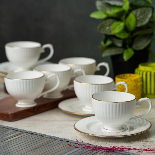 Clay Craft Fine Ceramic Julie Impression Cup & Saucer Set Of 12 (6 Cups+6 Saucers)- 170 Ml Each- Elegant Design For Home And Kitchen And Can Be Gifted To Your Loved Ones On Any Occassions (White-1401)