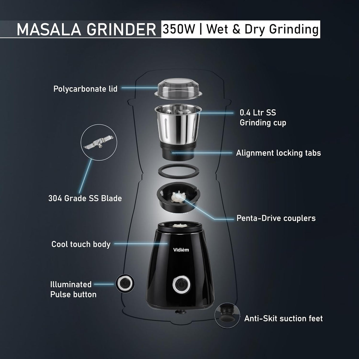 Vidiem Masala Grinder 350W | Wet & Dry | 0.4L SS Jar| Spice Grinder