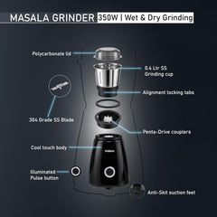 Vidiem Masala Grinder 350W | Wet & Dry | 0.4L SS Jar| Spice Grinder