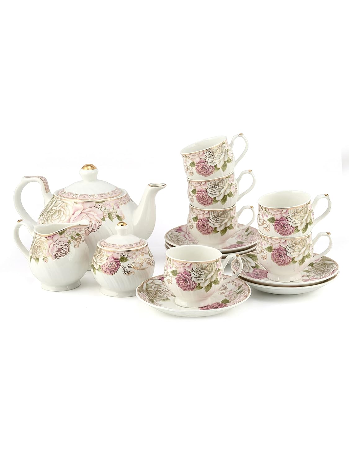 Clay Craft Gold Print Premium Fine Ceramic Tea Set of 15 Pcs (1 Kettle + 6 Cups + 6 Saucers + 1 Milk Pot + 1 Sugar Pot) (Design 6 - Rose(R512))
