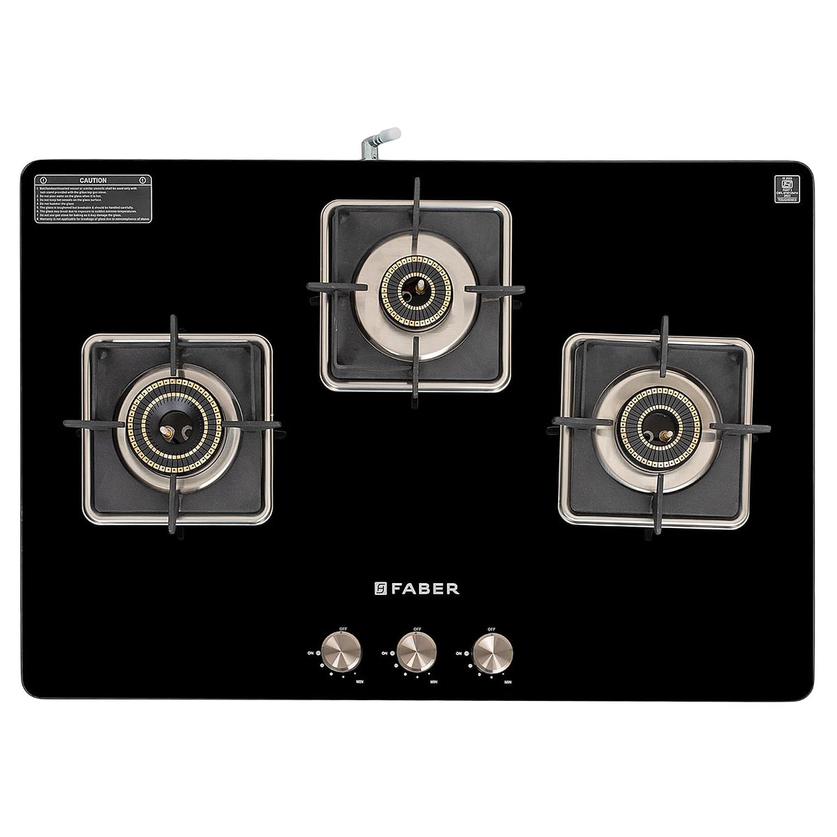 Faber 3 Burner Auto-Ignition Cooktop|NiOS AUTO 3BB BK|Battery Operated|Metal Knobs|Brass Burners|Cast Iron Pan Support|B