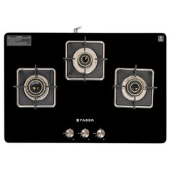 Faber 3 Burner Auto-Ignition Cooktop|NiOS AUTO 3BB BK|Battery Operated|Metal Knobs|Brass Burners|Cast Iron Pan Support|B