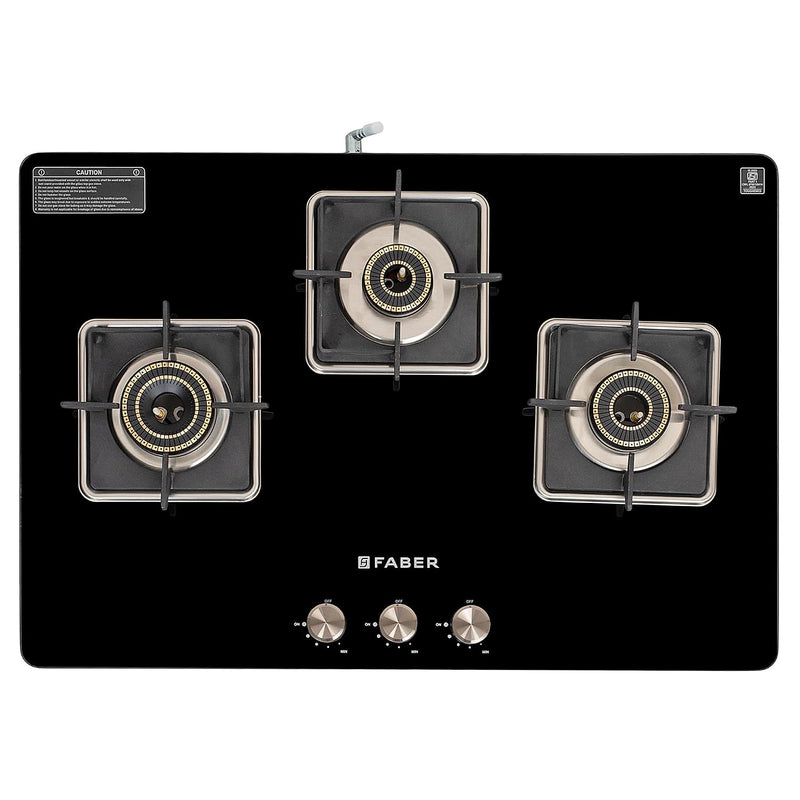 Faber 3 Burner Auto-Ignition Cooktop|NiOS AUTO 3BB BK|Battery Operated|Metal Knobs|Brass Burners|Cast Iron Pan Support|B