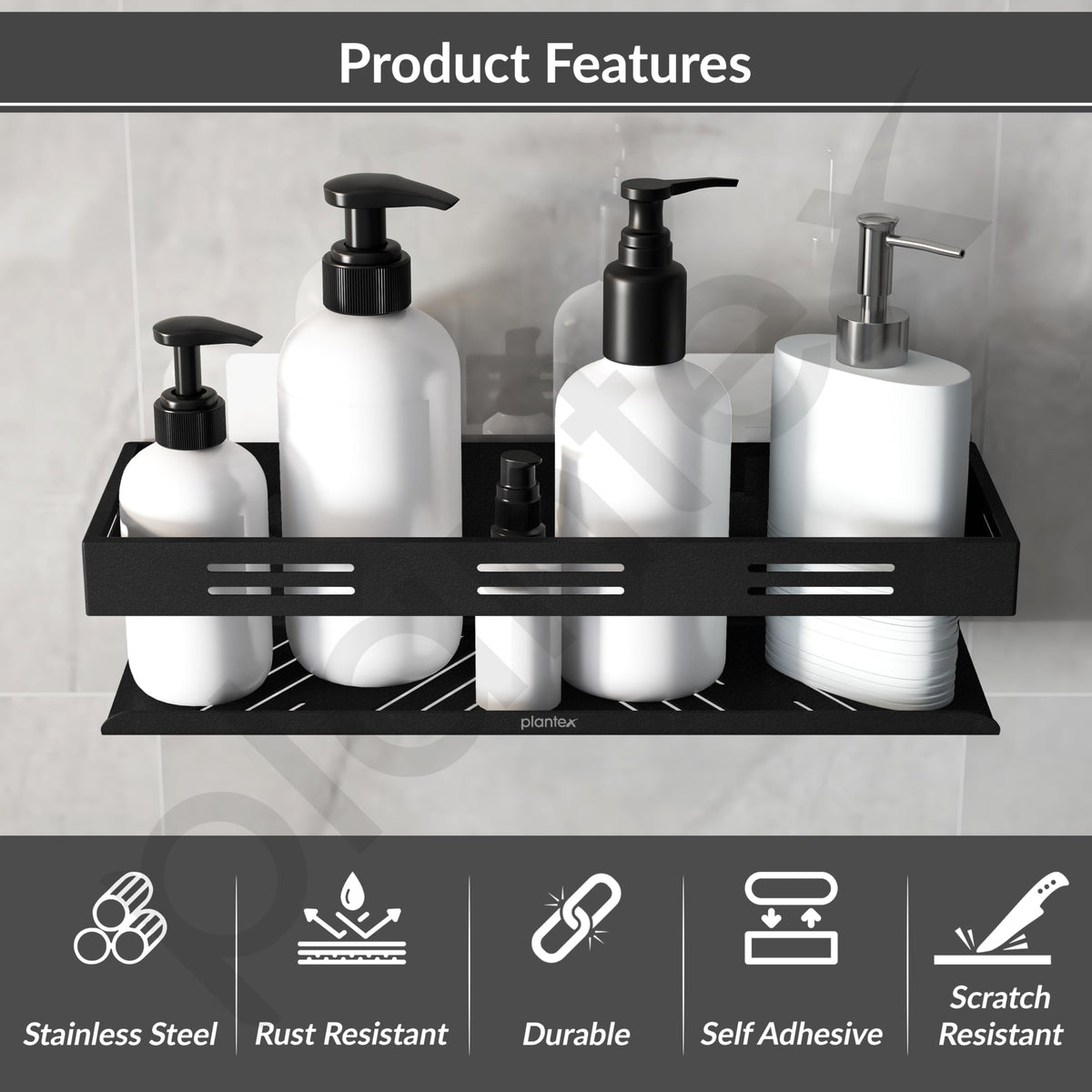 Plantex Self Adhesive Bathroom Shelf/Bathroom Organizer Without Drill/Stainless Steel Kitchen Wall Rack Shelf-Pack of 1 (12 x 4 Inch - Black)-3