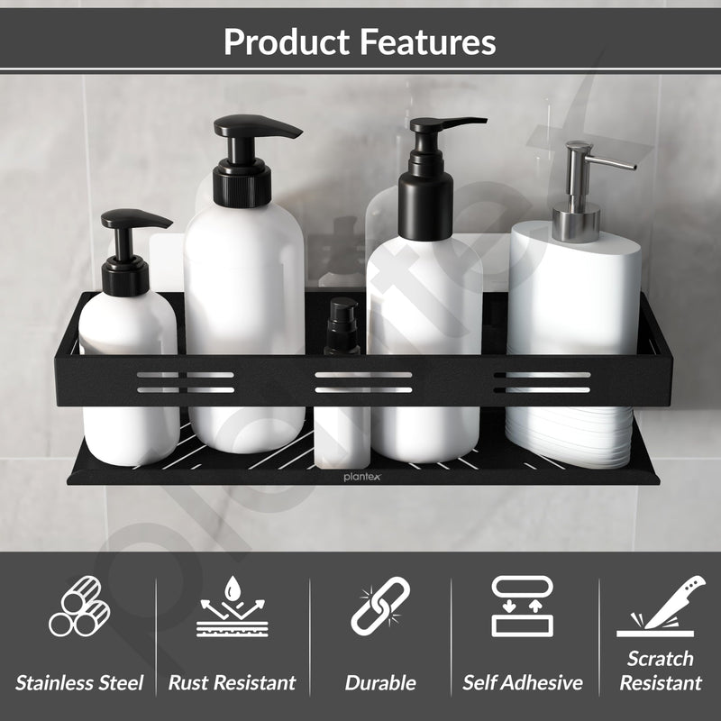Plantex Self Adhesive Bathroom Shelf/Bathroom Organizer Without Drill/Stainless Steel Kitchen Wall Rack Shelf-Pack of 1 (12 x 4 Inch - Black)-3