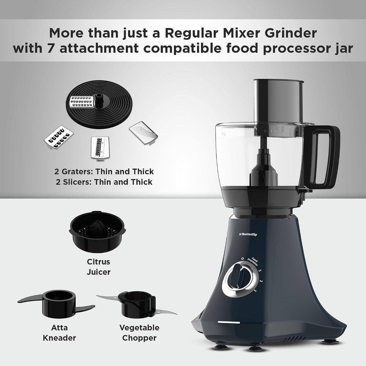 Butterfly Nexo 750W Mixer Grinder Food Processor with 6 Jars | Kneading, Chopping, Slicing, Grinding, Mincing, Grating, Juicing & Spice grinding | Evion-GT Motor with FPSS Technology | Ink Blue