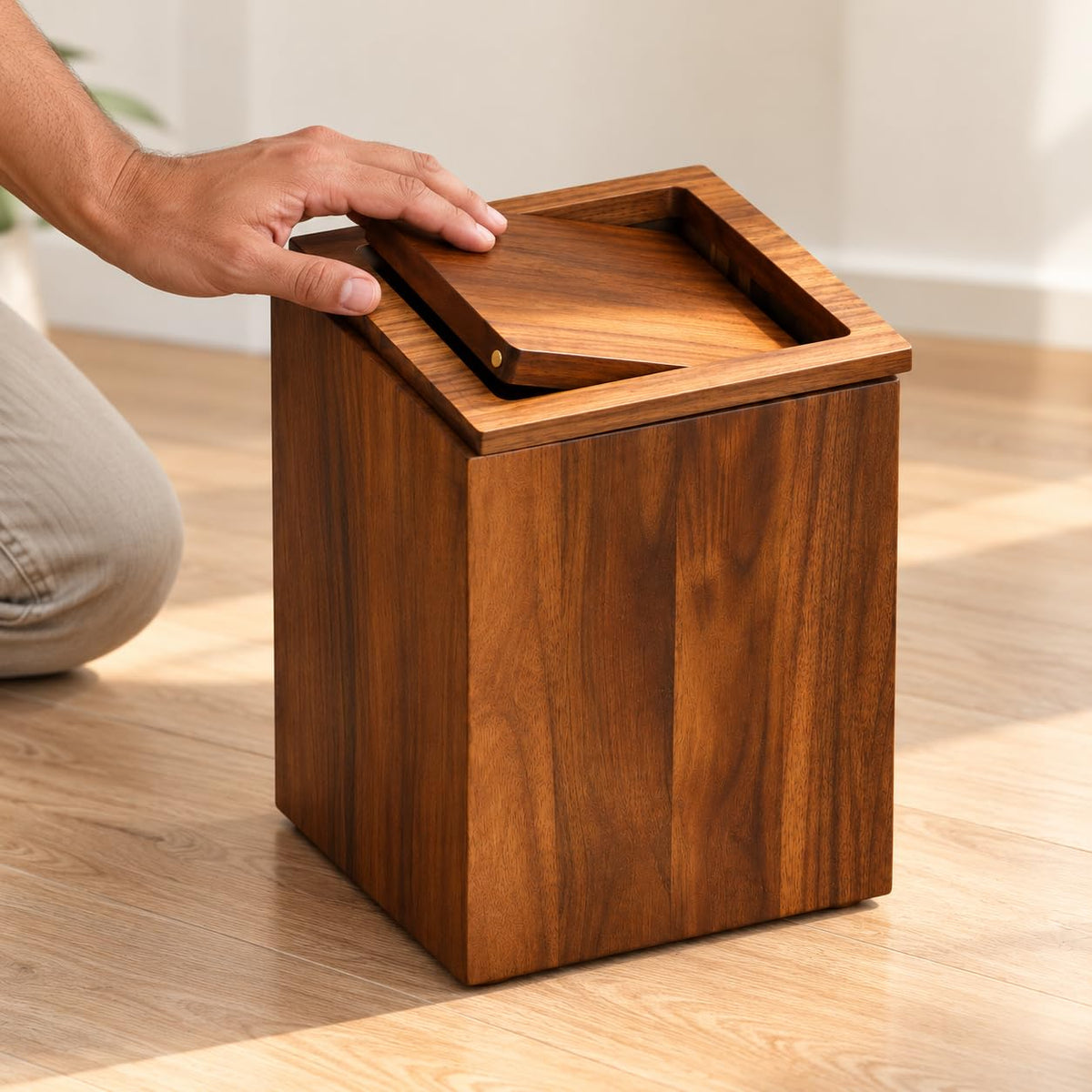 Solid Wood Trash Bin – Rustic Wooden Dustbin for Bathroom, Kitchen, Office, Living Room – Compact Waste Basket 