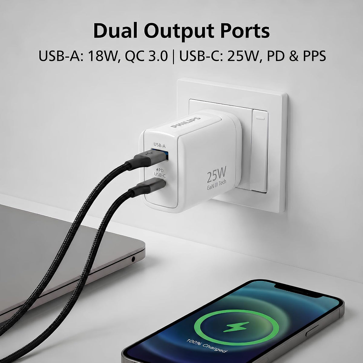 Philips DLP4321NW/94 Gen III Tech 25W Fast Charging Wall Charger (Alba White)