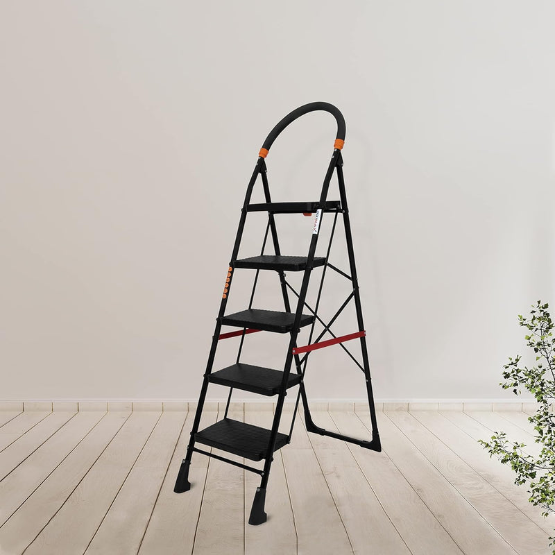 Plantex Stylo Heavy-Duty Mild-Steel Folding 6 Step Ladder for Home with Advanced Locking System/Wide Anti-Skid Step Ladder (Black & Blue)