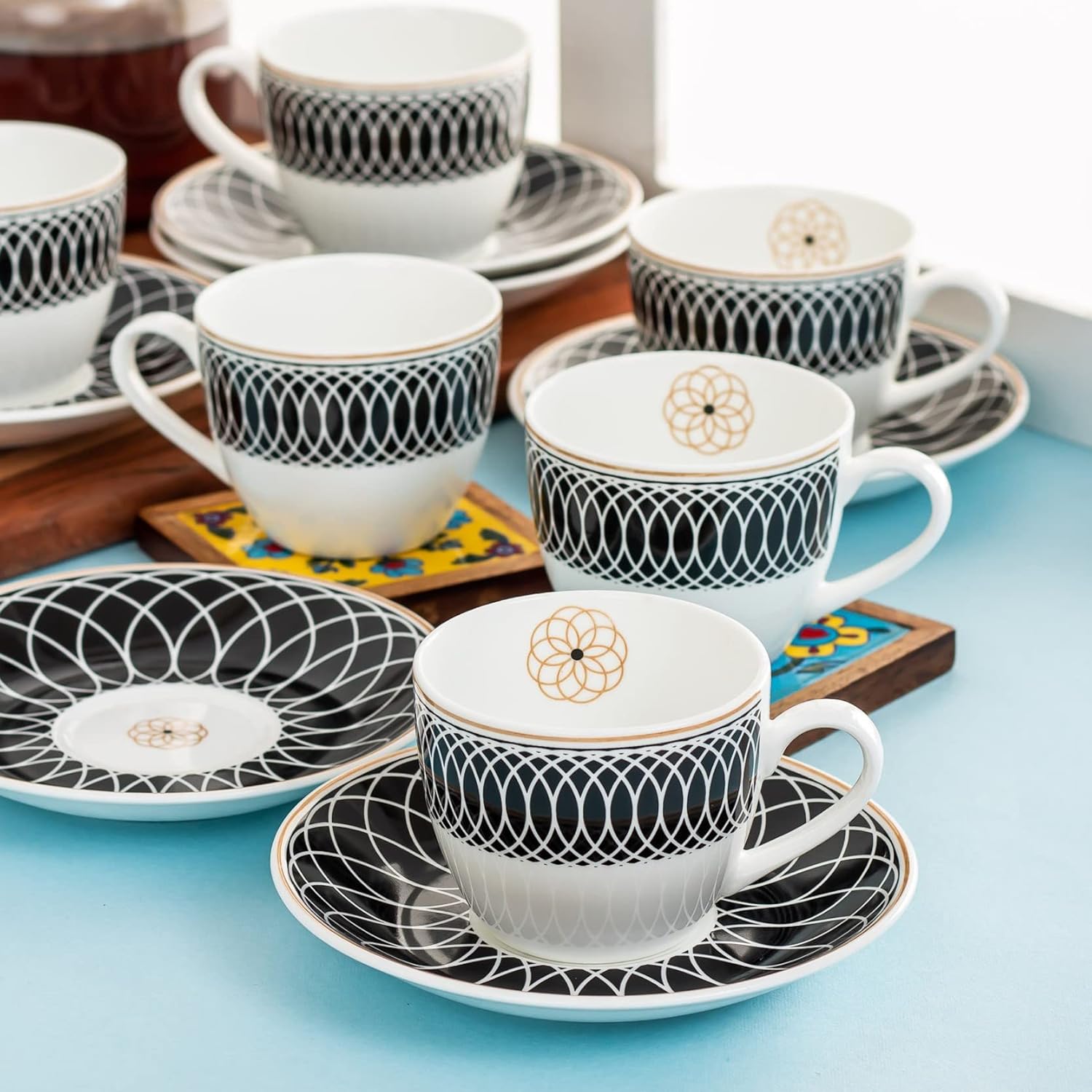 Clay Craft Fine Ceramic Cream Series Cup & Saucer Set for Tea/Coffee of 12 (6 Cups + 6 Saucers) - 180 ml Each (Black Circles)