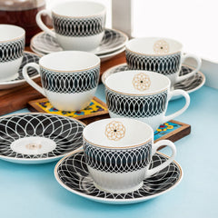 Clay Craft Fine Ceramic Cream Series Cup & Saucer Set for Tea/Coffee of 12 (6 Cups + 6 Saucers) - 180 ml Each (Black Circles)
