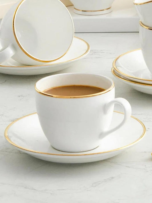 Clay Craft Fine Ceramic Premium Gold Line Printed Cup and Saucer Set of 12 | Capicity 240 ml Each
