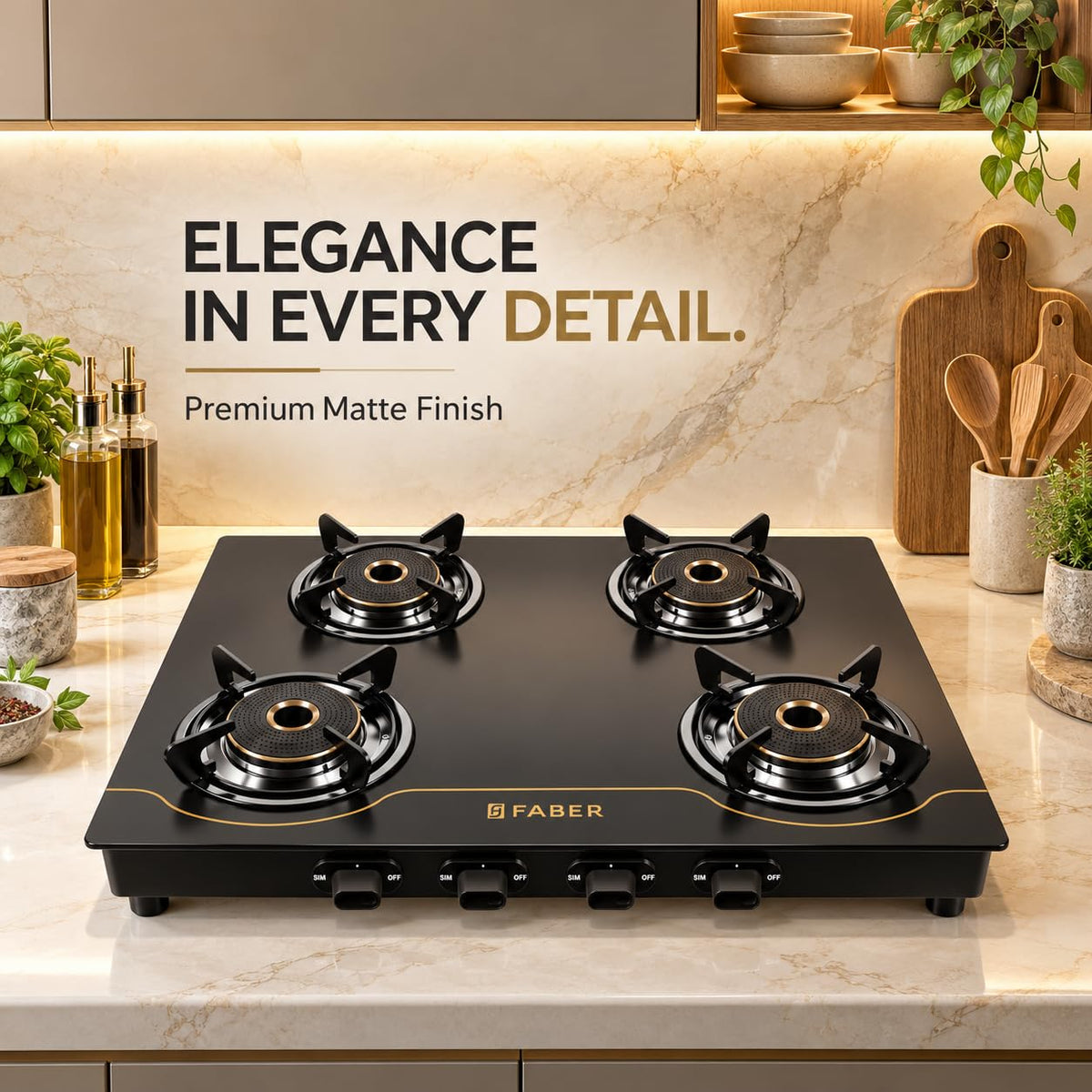 Faber 4 Burner 69cm Cooktop| 2 Jumbo + 1 Medium + 1 small Brass Burners| Designer Matt Black Glass Finish|ABS Knobs|5 Yr