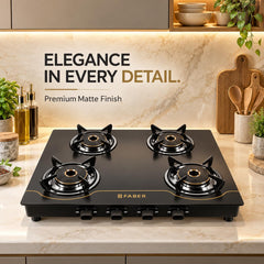Faber 4 Burner 69cm Cooktop| 2 Jumbo + 1 Medium + 1 small Brass Burners| Designer Matt Black Glass Finish|ABS Knobs|5 Yr