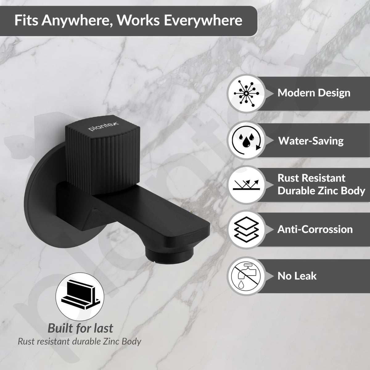 Plantex Single Knob Water Tap for Bathroom with Water-Saving Aerator/Wall Mount Bib Cock with Wall Flange and Teflon Tape/Brass Spindle Bib Tap for Home (Black)-2