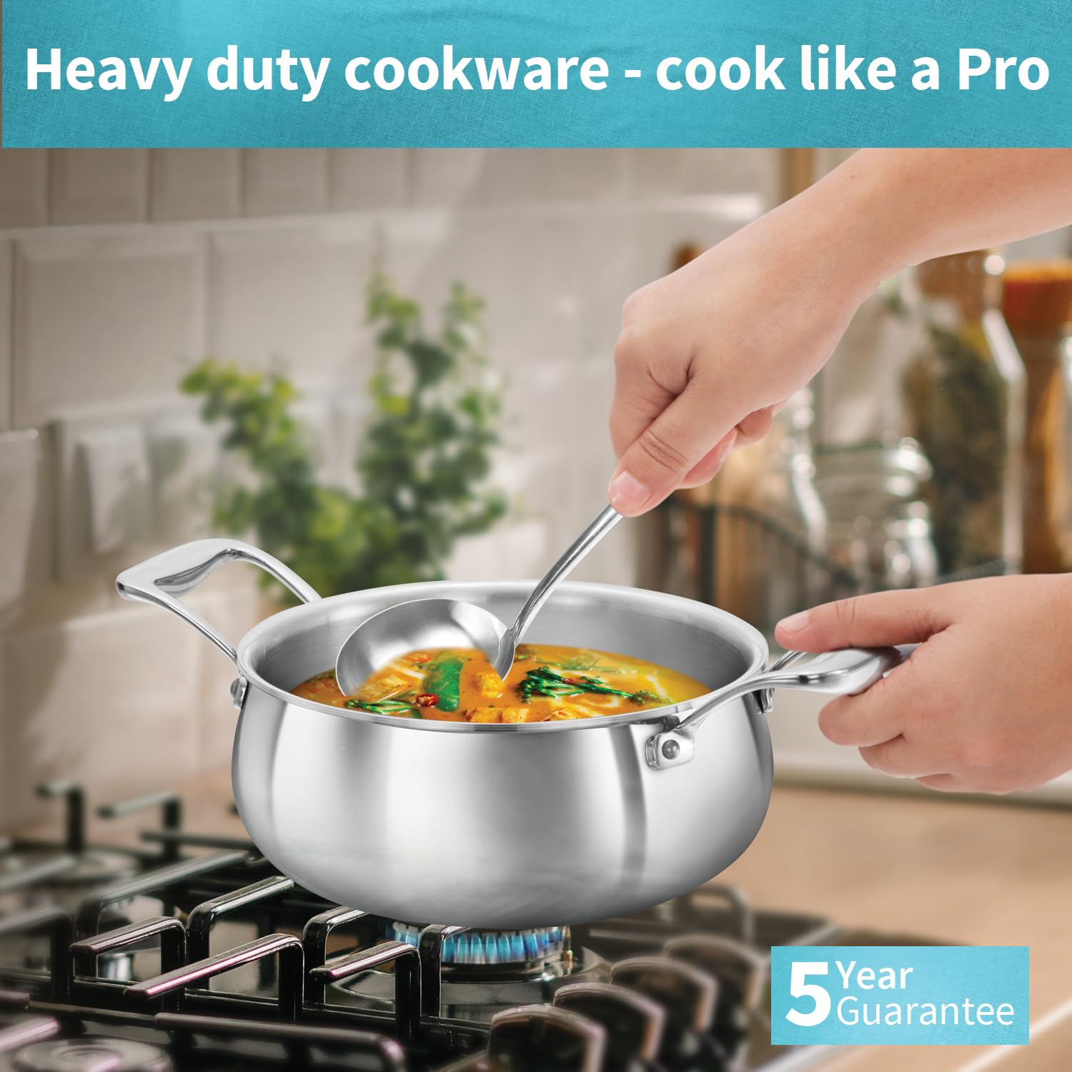 Hawkins Pro 2 Litre Handi with Lid, Triply Stainless Steel Sauce Pan for Cooking and Serving Biriyani, Silver (PSH20S)