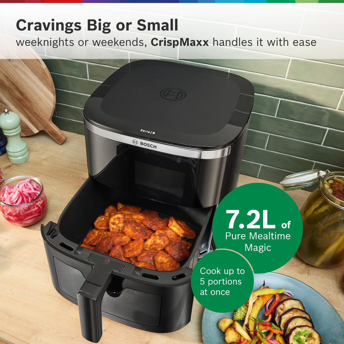 Bosch CrispMaxx Digital Air Fryer XL 7.2L with Baking Tray | Illuminated Viewing Window |1800w| Touch Panel | 7 Preset M
