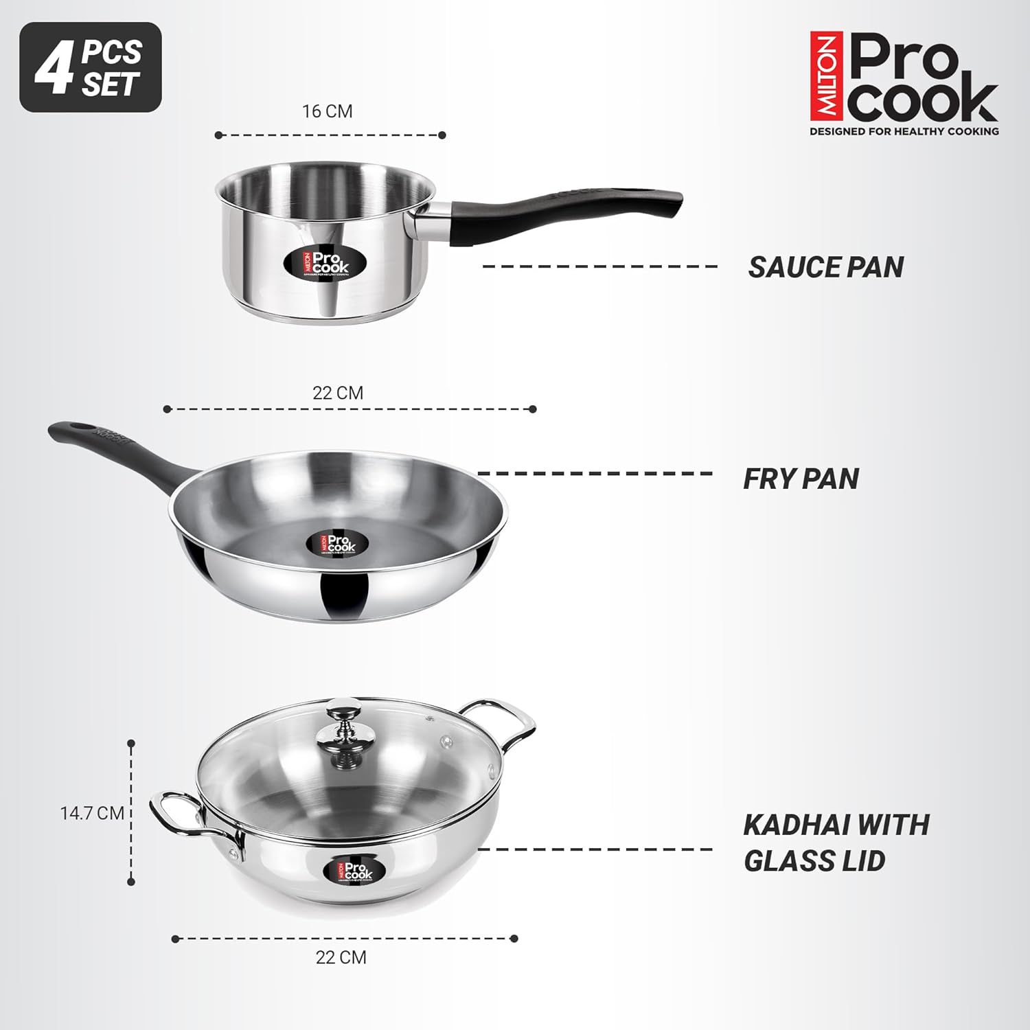 Stainless Steel Sandwich Bottom Induction 4 pcs Kitchen Set (Procook By Milton)