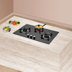 KAFF HBR 783 Built-in Hob/Hobtop 3 Burners, Auto Electric Ignition Glass Top, 78 CM, Powerful Brass Burners, 8 MM Thick Toughened Glass, Enamelled Matt Grills (Black)