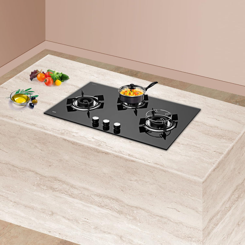 KAFF HBR 783 Built-in Hob/Hobtop 3 Burners, Auto Electric Ignition Glass Top, 78 CM, Powerful Brass Burners, 8 MM Thick Toughened Glass, Enamelled Matt Grills (Black)