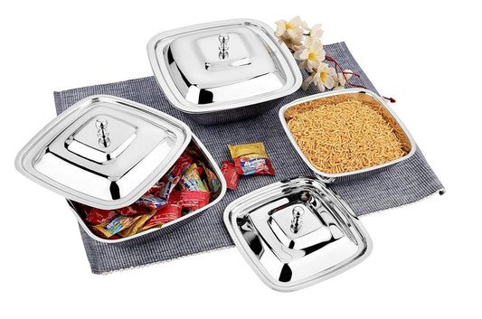 Dynore Stainless Steel Square Shape Serving Bowls with SS Lid 380, 550 and 750 ml- Set of 3 Pcs