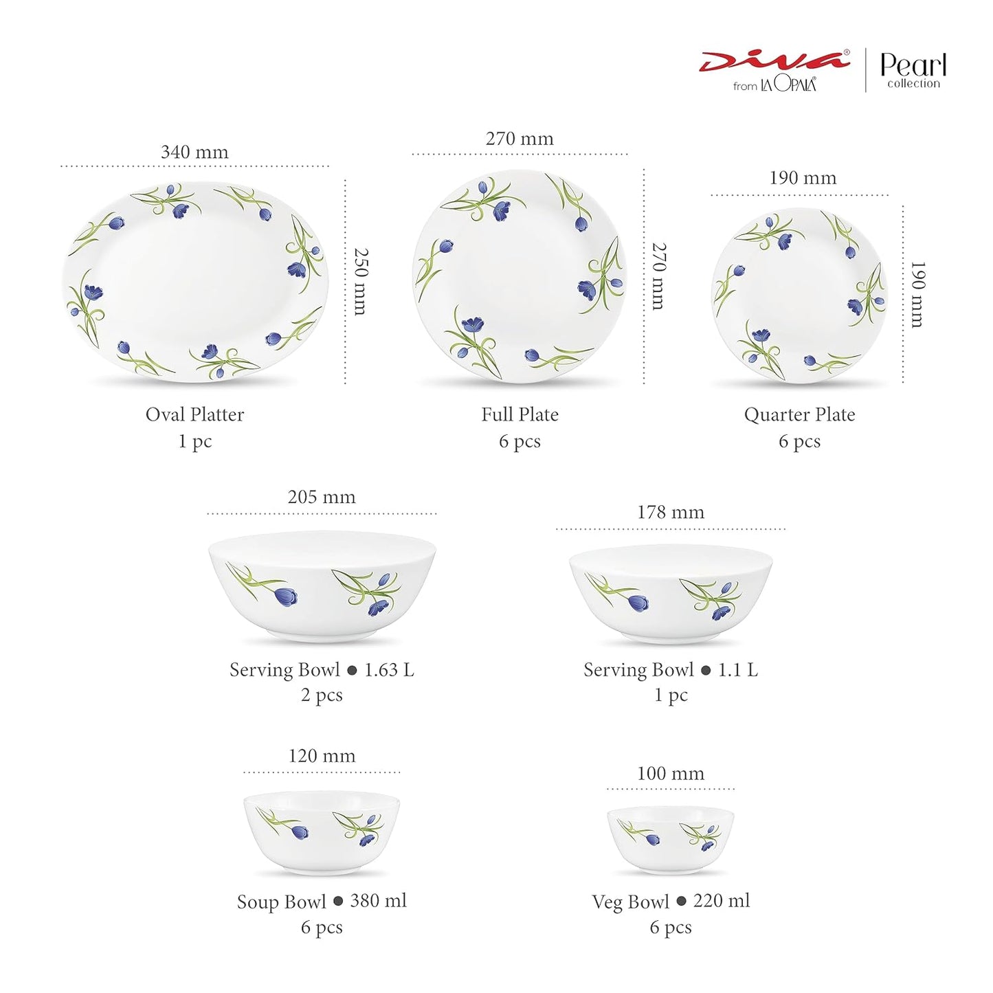 Diva by La Opala, Pearl Collection, Opal Glass Dinner Set 28 pcs, Turquoise Trims, White