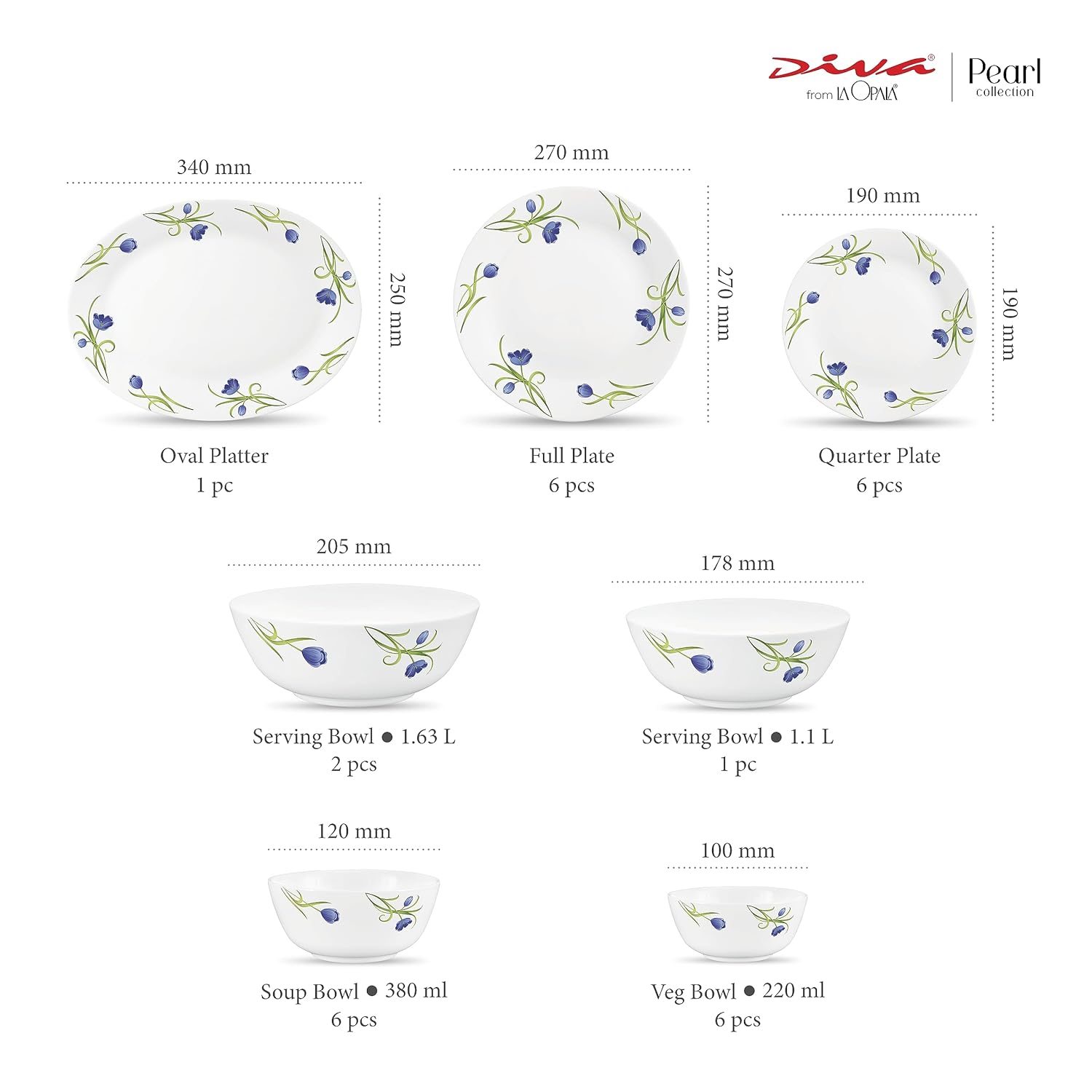 Diva by La Opala, Pearl Collection, Opal Glass Dinner Set 28 pcs, Turquoise Trims, White