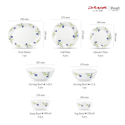 Diva by La Opala, Pearl Collection, Opal Glass Dinner Set 28 pcs, Turquoise Trims, White