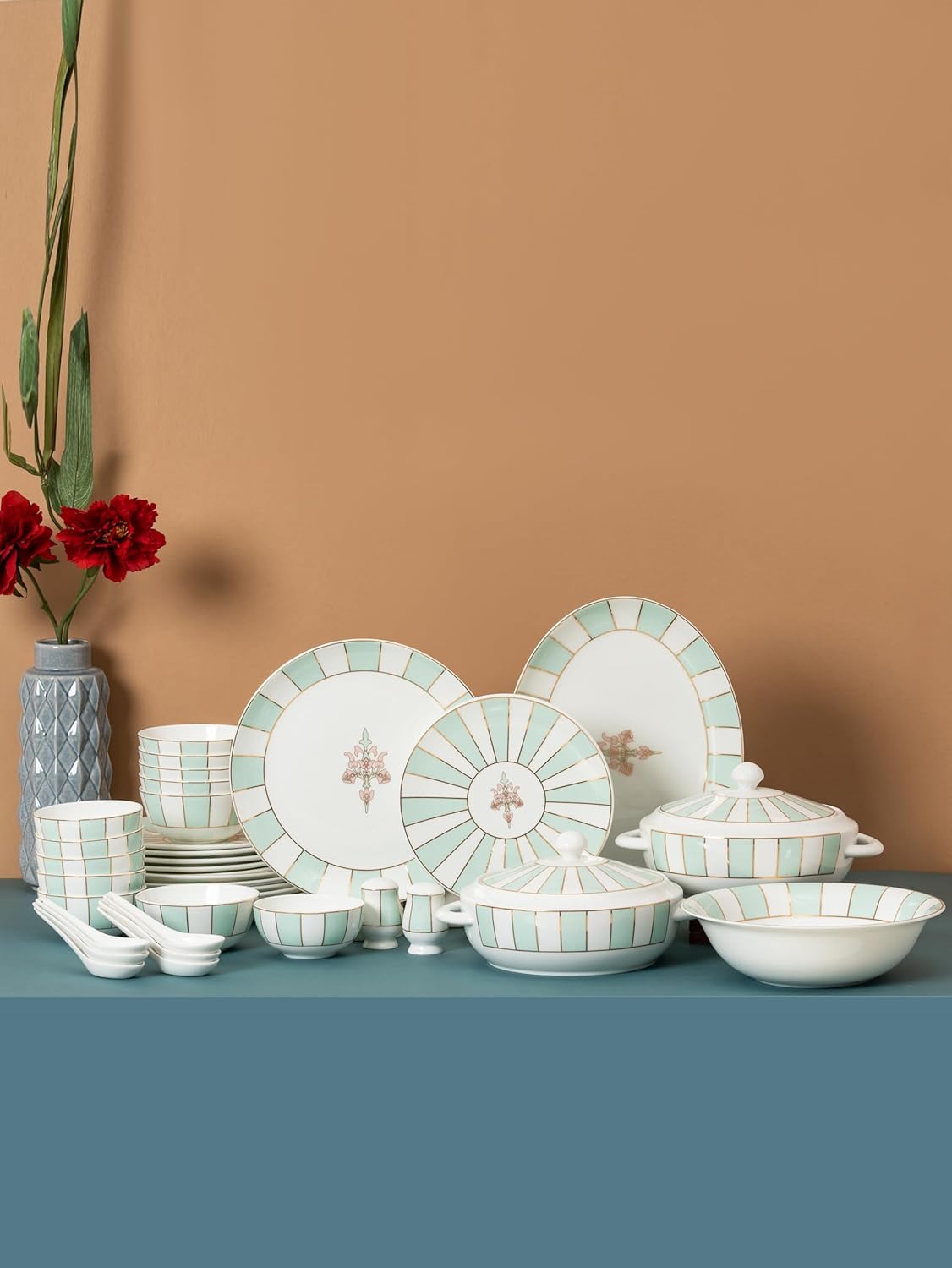 Clay Craft Fine Ceramic Dinner Set of 38 Pcs - Urmi Fiesta (Noir N405), for Family of 6, Dinner Set Ceramic, Crockery Set, Dining Set for Dinner, Crockery Set for Gift, Kitchen Set for Home